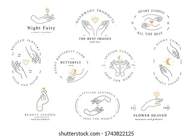 Set hand line logo gesture. Vector illustration on white background. Hand drawn style. Love, care, skin and tatoo vector illustrations.