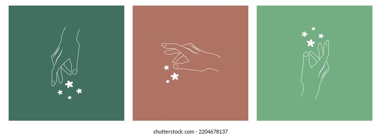 A set of hand logos in a minimal linear style. Organic and natural concept. Vector logo design templates with hands and flowers. For cosmetics, beauty, tattoo, spa and manicure. Palm contour. 