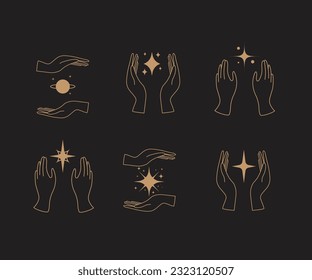 A set of hand logos in a mystical magic style. Vector logo design Templates with different hand gestures and stars For cosmetics, beauty, tattoo, Spa, manicure, jewelry store