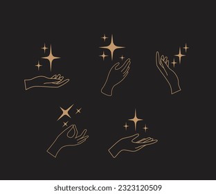 A set of hand logos in a mystical magic style. Vector logo design Templates with different hand gestures and stars For cosmetics, beauty, tattoo, Spa, manicure, jewelry store