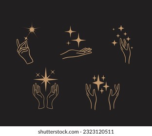 Un conjunto de logos de mano en un estilo mágico místico. Diseño del logotipo del vector Plantillas con diferentes gestos y estrellas de mano Para cosméticos, belleza, tatuaje, Spa, manicura, joyería