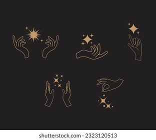 A set of hand logos in a mystical magic style. Vector logo design Templates with different hand gestures and stars For cosmetics, beauty, tattoo, Spa, manicure, jewelry store