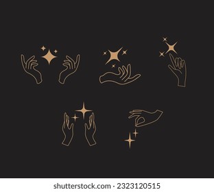 Un conjunto de logos de mano en un estilo mágico místico. Diseño del logotipo del vector Plantillas con diferentes gestos y estrellas de mano Para cosméticos, belleza, tatuaje, Spa, manicura, joyería