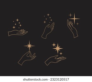 A set of hand logos in a mystical magic style. Vector logo design Templates with different hand gestures and stars For cosmetics, beauty, tattoo, Spa, manicure, jewelry store