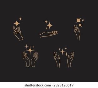 A set of hand logos in a mystical magic style. Vector logo design Templates with different hand gestures and stars For cosmetics, beauty, tattoo, Spa, manicure, jewelry store