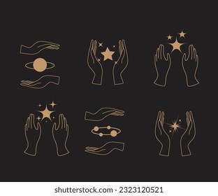 A set of hand logos in a mystical magic style. Vector logo design Templates with different hand gestures and stars For cosmetics, beauty, tattoo, Spa, manicure, jewelry store