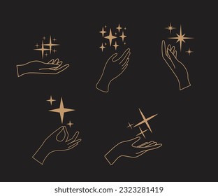 A set of hand logos in a mystical magic style. Vector logo design Templates with different hand gestures and stars For cosmetics, beauty, tattoo, Spa, manicure, jewelry store