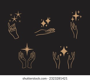 A set of hand logos in a mystical magic style. Vector logo design Templates with different hand gestures and stars For cosmetics, beauty, tattoo, Spa, manicure, jewelry store