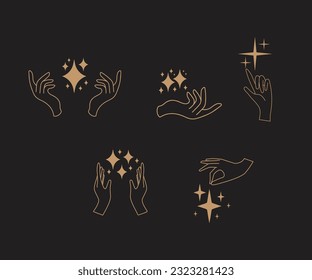 A set of hand logos in a mystical magic style. Vector logo design Templates with different hand gestures and stars For cosmetics, beauty, tattoo, Spa, manicure, jewelry store