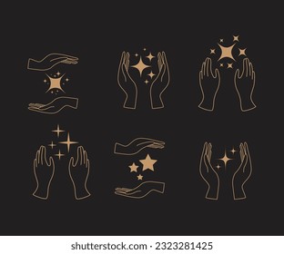 A set of hand logos in a mystical magic style. Vector logo design Templates with different hand gestures and stars For cosmetics, beauty, tattoo, Spa, manicure, jewelry store