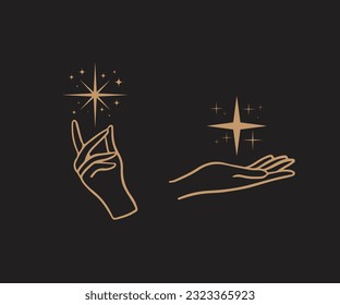 A set of hand logos in a mystical magic style. Vector logo design Templates with different hand gestures and stars For cosmetics, beauty, tattoo, Spa, manicure, jewelry store