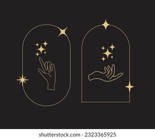 A set of hand logos in a mystical magic style. Vector logo design Templates with different hand gestures and stars For cosmetics, beauty, tattoo, Spa, manicure, jewelry store