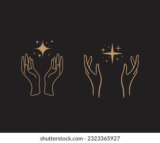 A set of hand logos in a mystical magic style. Vector logo design Templates with different hand gestures and stars For cosmetics, beauty, tattoo, Spa, manicure, jewelry store