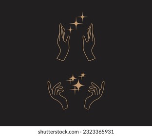 A set of hand logos in a mystical magic style. Vector logo design Templates with different hand gestures and stars For cosmetics, beauty, tattoo, Spa, manicure, jewelry store