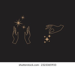 A set of hand logos in a mystical magic style. Vector logo design Templates with different hand gestures and stars For cosmetics, beauty, tattoo, Spa, manicure, jewelry store