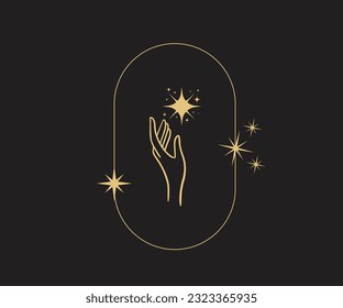 A set of hand logos in a mystical magic style. Vector logo design Templates with different hand gestures and stars For cosmetics, beauty, tattoo, Spa, manicure, jewelry store