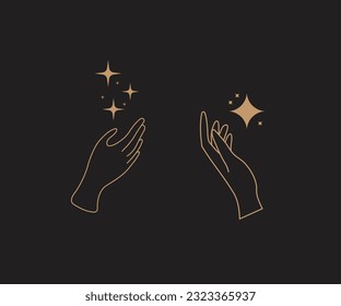 A set of hand logos in a mystical magic style. Vector logo design Templates with different hand gestures and stars For cosmetics, beauty, tattoo, Spa, manicure, jewelry store