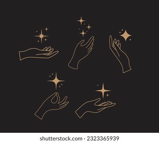 A set of hand logos in a mystical magic style. Vector logo design Templates with different hand gestures and stars For cosmetics, beauty, tattoo, Spa, manicure, jewelry store