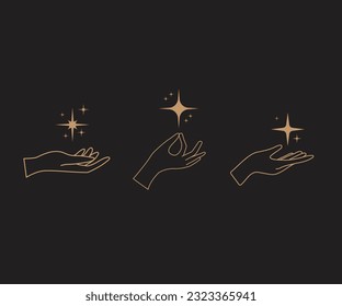 A set of hand logos in a mystical magic style. Vector logo design Templates with different hand gestures and stars For cosmetics, beauty, tattoo, Spa, manicure, jewelry store