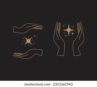 A set of hand logos in a mystical magic style. Vector logo design Templates with different hand gestures and stars For cosmetics, beauty, tattoo, Spa, manicure, jewelry store