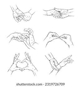 Set hand love, romance, couple, love, valentine collection drawn gesture sketch vector illustration line art