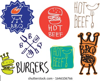 Set of hand made calligraphy logo and stickers for BBQ and burgers. Sketches and free line.