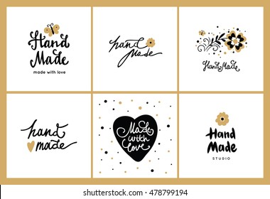 Set of hand made card, logotypes and labels. Beautiful hand drawing text and card "Handmade". Crafts workshop, made with love.