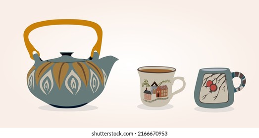 Set of hand made ceramic teapot and cups. Cartoon vintage teacup and mugs collection for english afternoon tea ceremony party or breakfast. Hand drawn colored trendy Vector art illustration isolated.