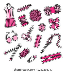 Set of hand made doodle stickers or patches in pink colors isolated on white background.
