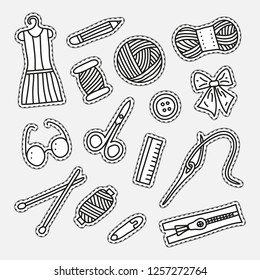 Set of hand made doodle uncolored stickers or patches isolated on grey background.
