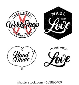 Set of hand made hand written lettering logo, label, badge, emblem. Made with love. Sign for knitwear company, sewing workshop, handmade artist. Isolated on background. Vector illustration.