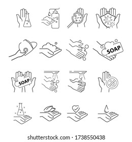 ajuste los iconos de la línea delgada médica de mano. ilustración vectorial. conjunto simple de iconos de línea vectorial relacionados con la protección de coronavirus. Se puede usar en diseño con Covid 19.  para diseño de sitios web, aplicación móvil, logotipo.