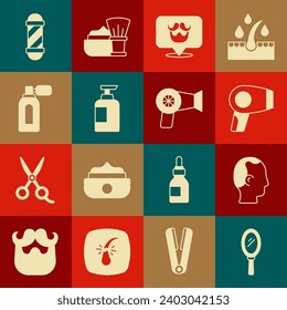 Set Hand mirror, Baldness, Hair dryer, Barbershop, Bottle of shampoo, Aftershave with atomizer, Classic pole and  icon. Vector