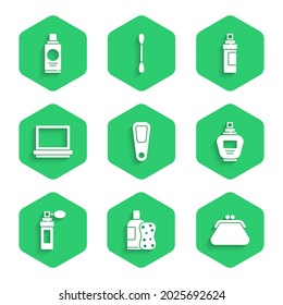 Espejo de mano, Frasco de esponja de champú, Bolsa de embrague, Perfume, Polvo de maquillaje con, y icono. Vector