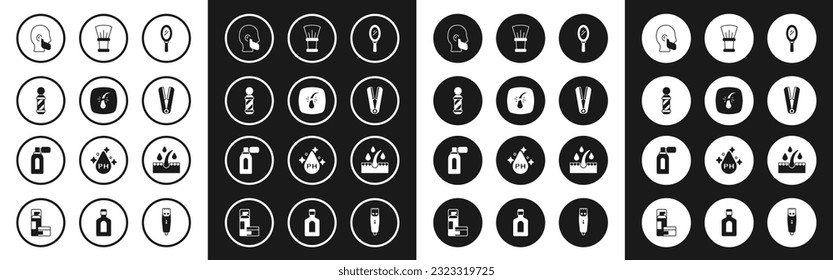 Set Hand mirror, Broken hair follicle, Classic Barber shop pole, Mustache beard, Curling iron for, Shaving brush, Oil care treatment and Aftershave with atomizer icon. Vector
