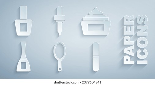 Set Hand mirror, Cream lotion cosmetic tube, Nail polish bottle, file, Pipette and  icon. Vector