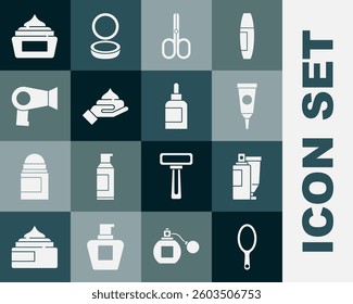 Set Hand mirror, Cream lotion cosmetic tube, Scissors, Hair dryer,  and  icon. Vector