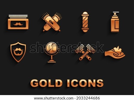 Set Hand mirror, Cream lotion cosmetic tube, Shaving gel foam hand, Crossed shaving razor, Mustache beard shield, Classic Barber shop pole, jar and electrical hair clipper shaver icon. Vector