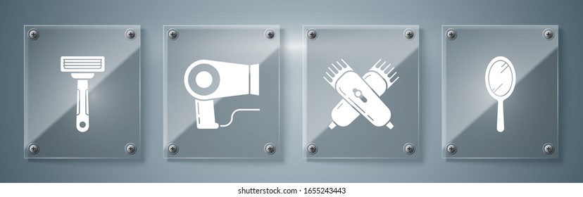Set Hand mirror, Crossed electrical hair clipper or shaver, Hair dryer and Shaving razor. Square glass panels. Vector