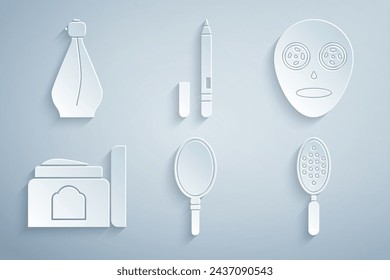 Espejo de mano, máscara cosmética facial, tubo de crema, cepillo de pelo, delineador de ojos, ceja e icono de perfume. Vector