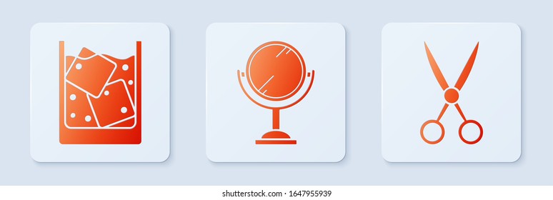Set Hand mirror, Glass of whiskey and ice cubes and Scissors hairdresser. White square button. Vector