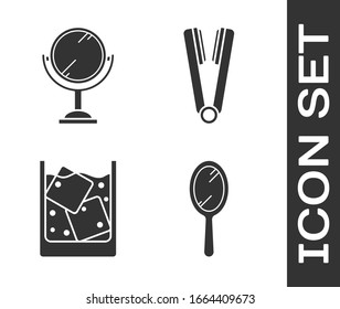 Set Hand mirror, Hand mirror, Glass of whiskey and ice cubes and Curling iron for hair icon. Vector