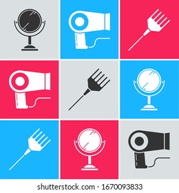 Set Hand mirror, Hair dryer and Hairbrush icon. Vector