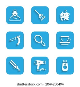 Set Hand mirror, Hair dryer, Bottle of shampoo, Coffee cup, Curling iron, Straight razor, Bar soap with foam and Client barbershop icon. Vector