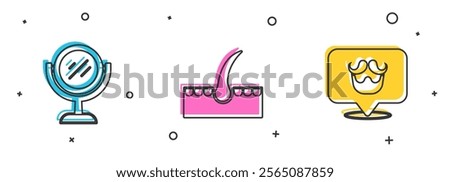 Set Hand mirror, Human hair follicle and Barbershop icon. Vector