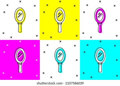 Ajuste el icono del espejo retrovisor de mano aislado en el fondo del color.  Vector