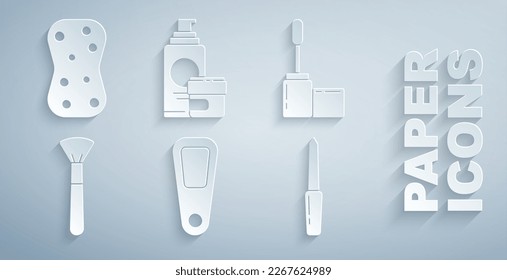 Set Hand mirror, Mascara brush, Makeup, Nail file, Cream lotion cosmetic tube and Sponge with bubbles icon. Vector
