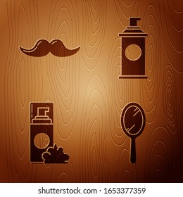 Set Hand mirror, Mustache, Shaving gel foam and Shaving gel foam on wooden background. Vector