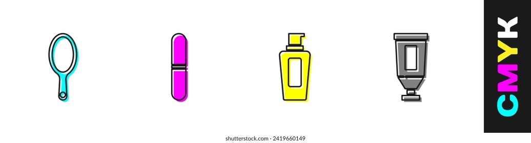 Set Hand mirror, Nail file, Bottle of shampoo and Cream lotion cosmetic tube icon. Vector