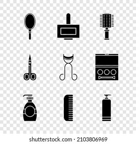 Set Hand mirror, Nail polish bottle, Hairbrush, Bottle of liquid soap, Cream cosmetic tube, Scissors and Eyelash curler icon. Vector